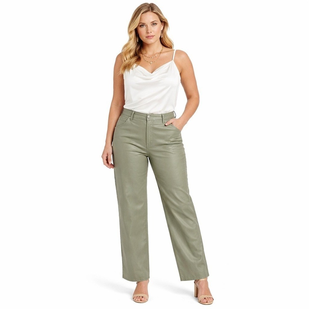 Finesse Faux Leather Pants Sage Green High Rise Straight Leg‎ Size L 30W